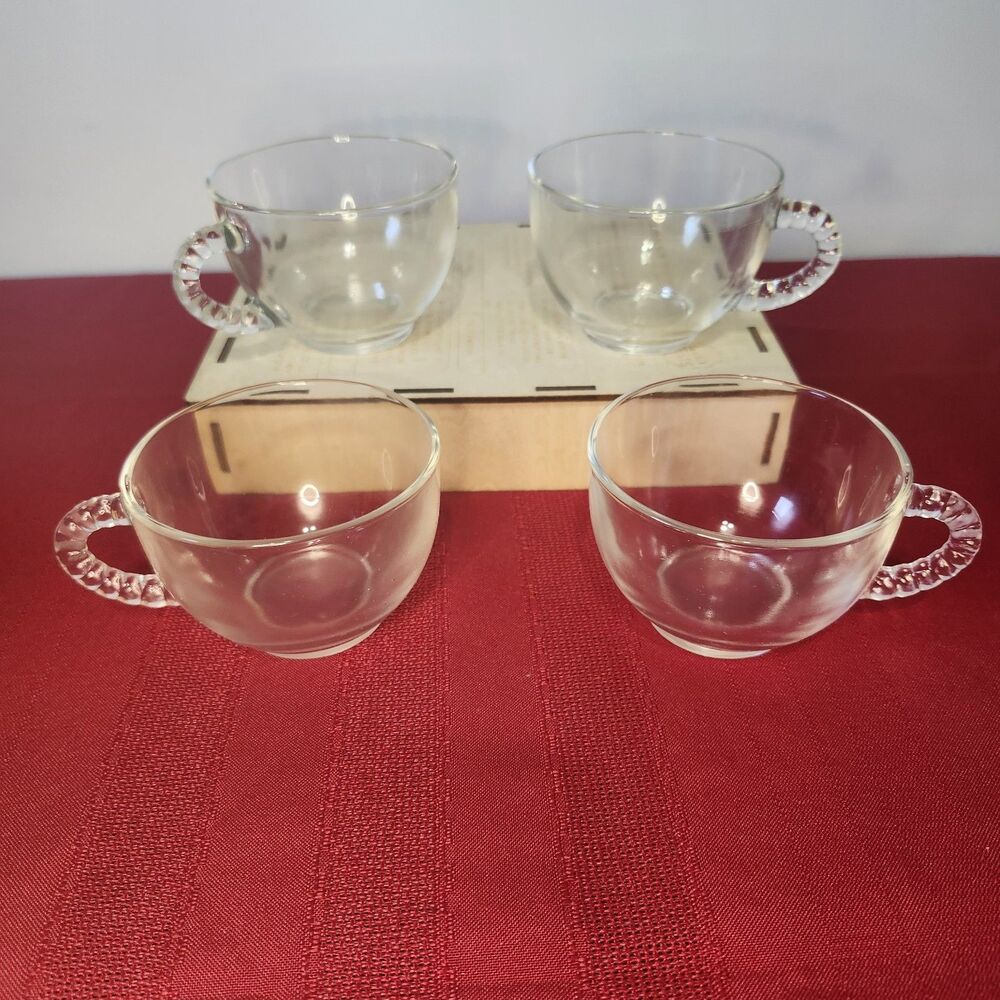Vintage Federal Glass Clear Punch Tea Cups Boopie Handle Set Original Box USA